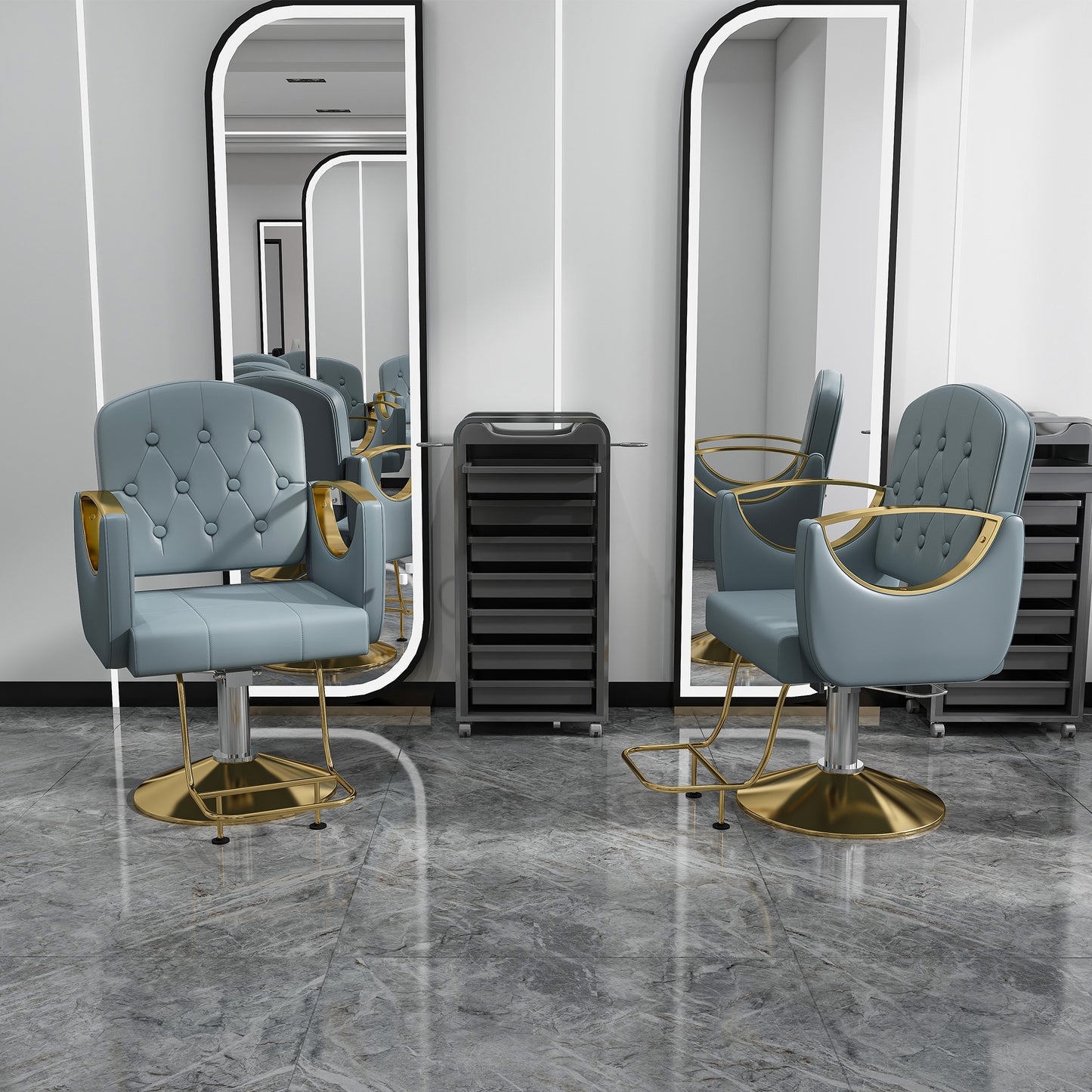 Hydraulic Salon Chair – 360 Swivel, Blue Gold, Non-Tilt