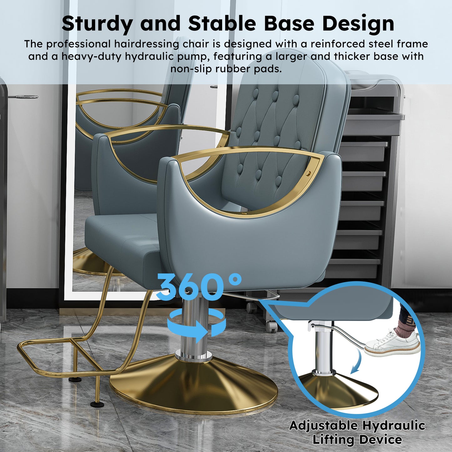 Hydraulic Salon Chair – 360 Swivel, Blue Gold, Non-Tilt
