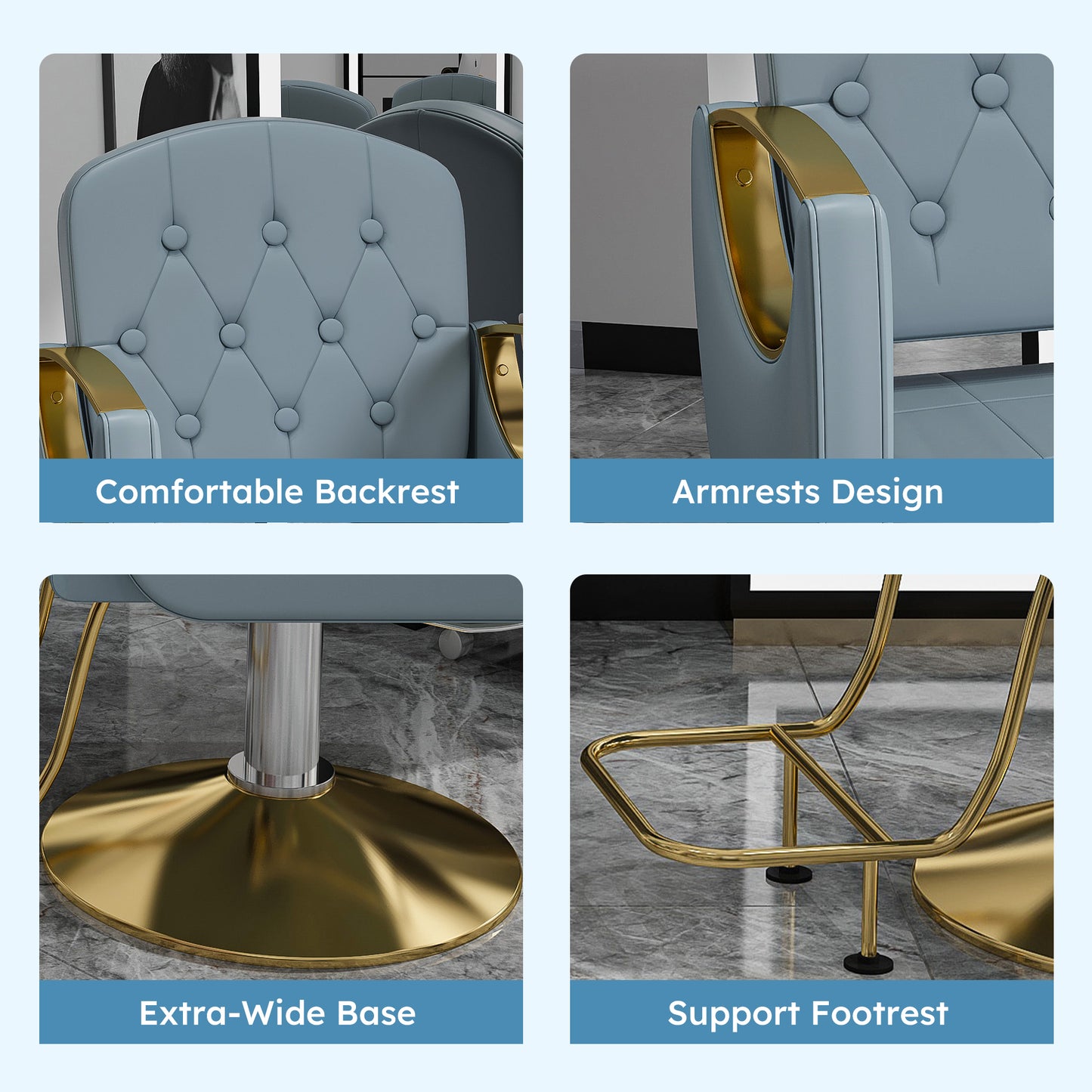 Hydraulic Salon Chair – 360 Swivel, Blue Gold, Non-Tilt