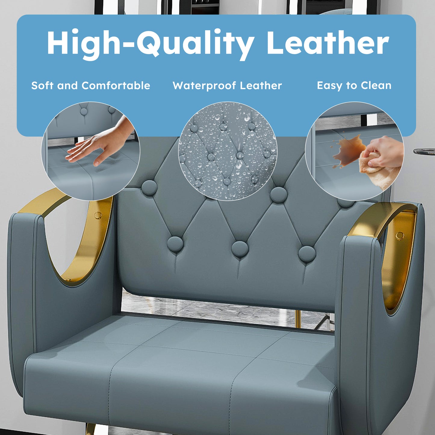 Hydraulic Salon Chair – 360 Swivel, Blue Gold, Non-Tilt