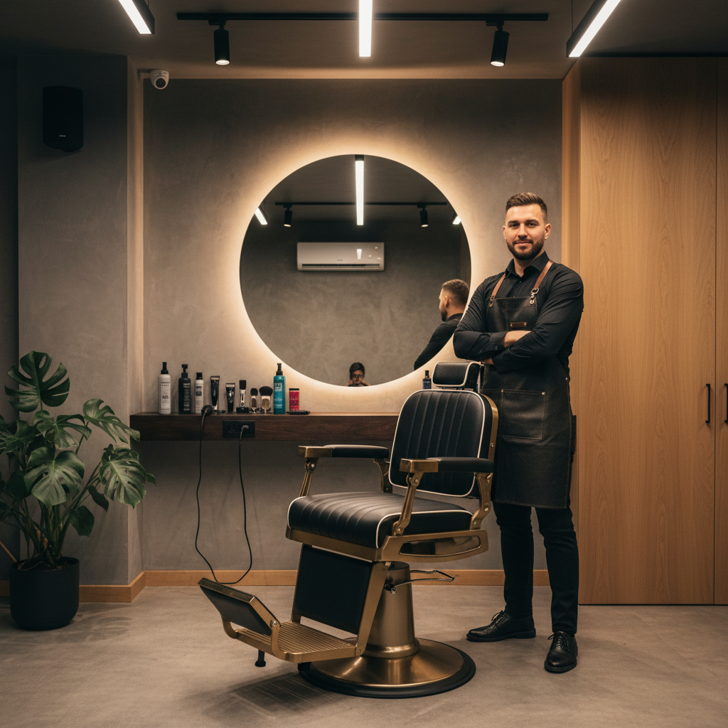Black and gold hydraulic barber chair in a modern barbershop