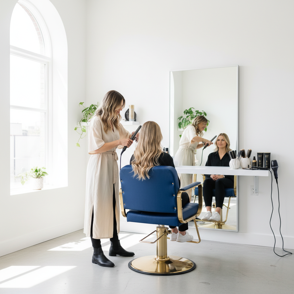 Blue and gold hydraulic salon chair in an upscale salon studio